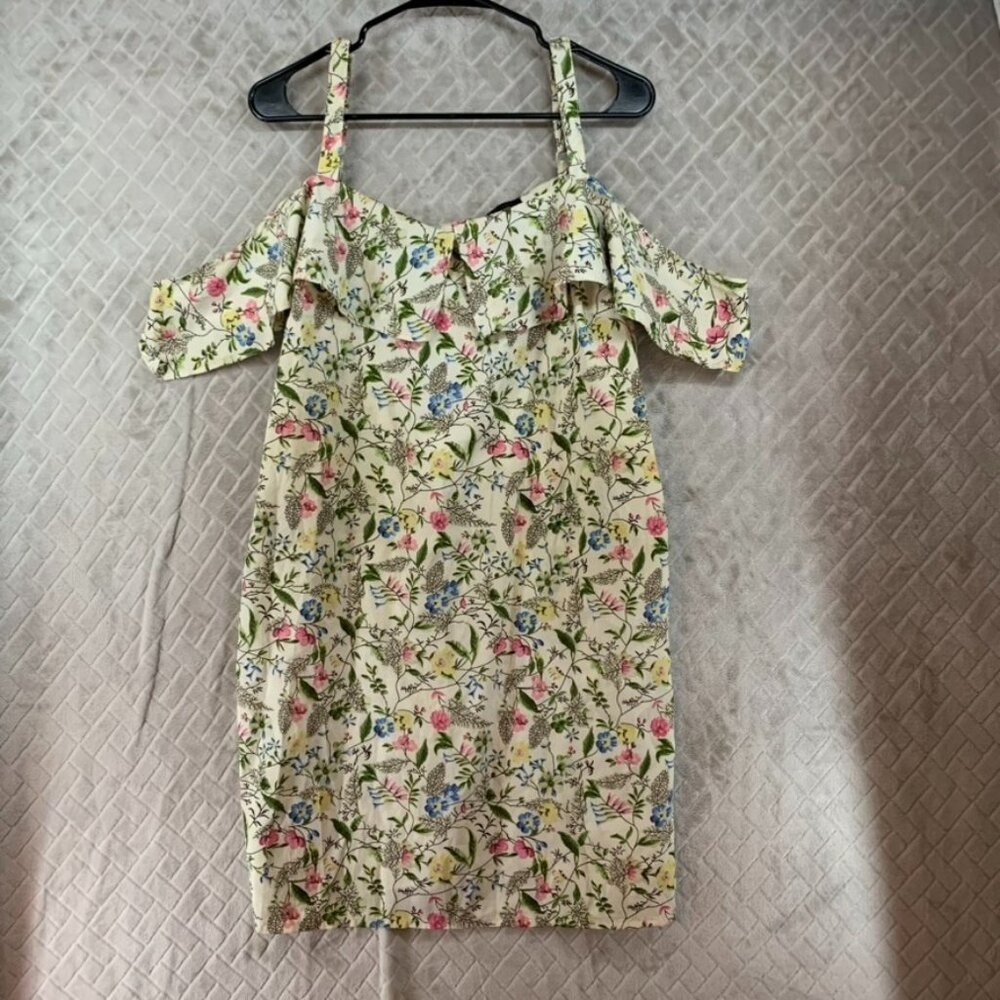 Atmosphere Womans 14 Dress Short Mini Yellow Floral Cold Shoulder Ruffle Sleeve
